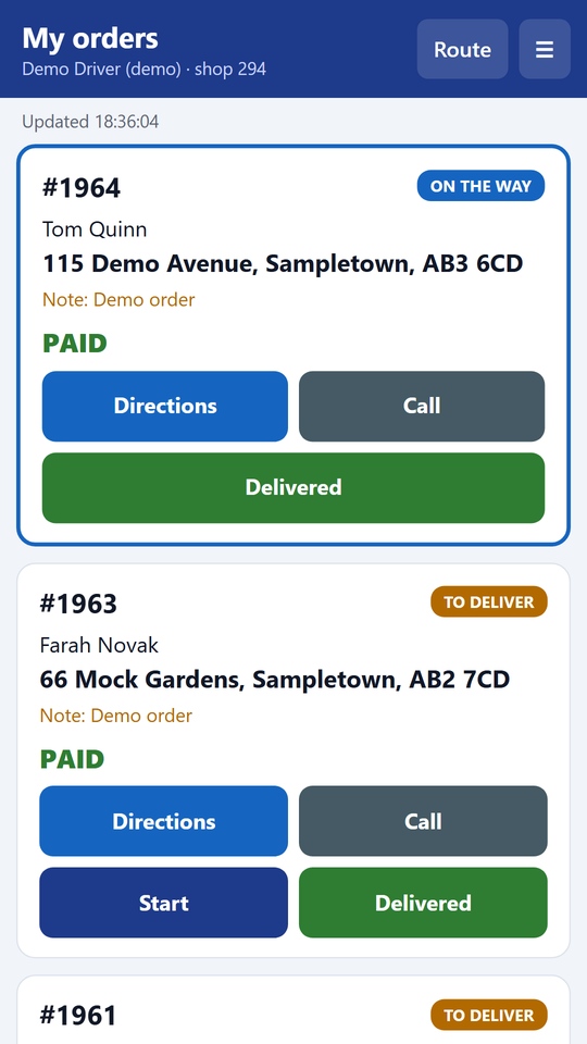 Driver order list with one order on the way and one to deliver
