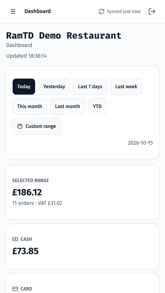 Dashboard: date range buttons, selected range total of £186.12 from 11 orders, cash and card totals