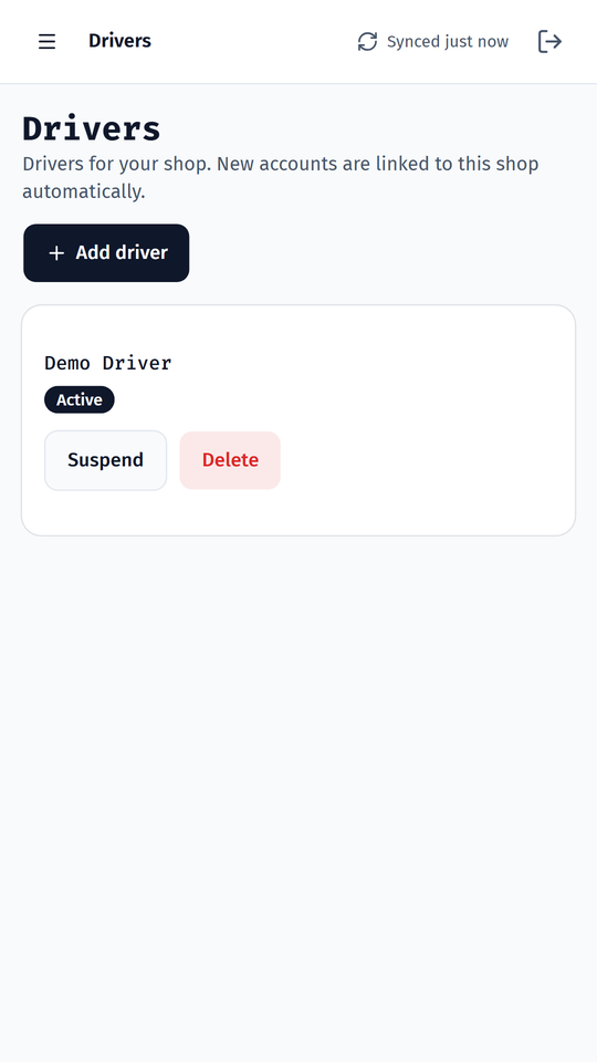 Drivers page with an Add driver button and a driver card with Suspend and Delete