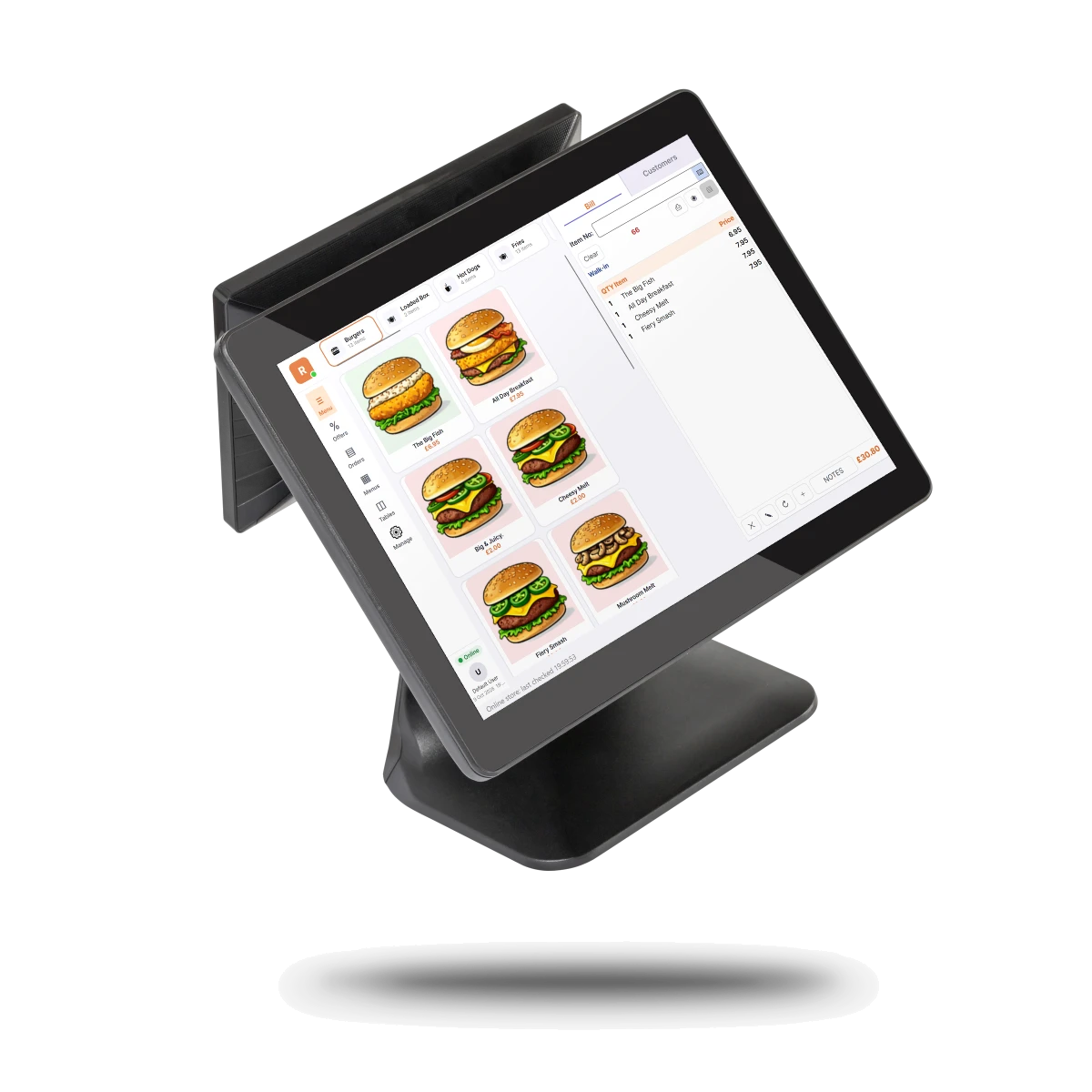 RamTD dual-screen touch screen EPOS showing the burger menu and order bill